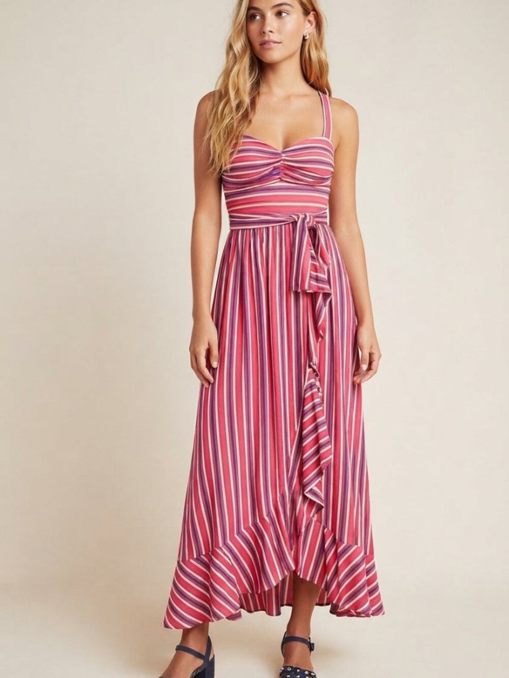 Maeve Anthropologie Gabriela Striped Pink Combo Ruffle Maxi Dress 57354